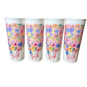 VTG Tupperware Plastic Cups 16oz Fanciful Floral Set Of 4 Ice Tea Tumblers Artsy